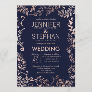 Invitation Elégant Rose bleu marine Gold Floral Mariage invit