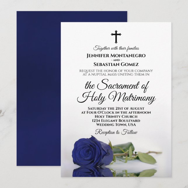 Invitation Élégant Rose bleu marine Mariage catholique modern (Devant / Derrière)