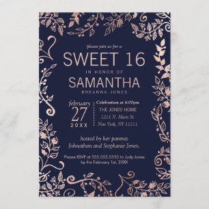 Invitation Elégant Rose bleu marine or Floral Sweet 16 Invita