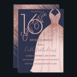 Invitation Elégant Rose bleu marine Parties scintillant or ro<br><div class="desc">Cette invitation à l'anniversaire Sweet 16, cool, unique et glamour, est le design parfait pour la fille d'anniversaire élégante et chic. Son design comporte une fausse feuille de parties scintillant dorée brillante rose et une robe de princesse rose pâle sur un arrière - plan bleu marine avec typographie personnalisée en...</div>