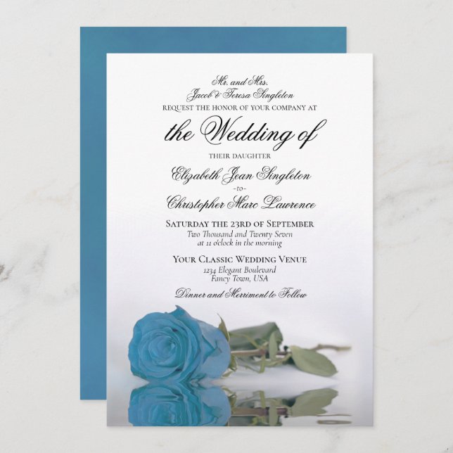 Invitation Élégant Rose bleu turquoise Mariage formel (Devant / Derrière)