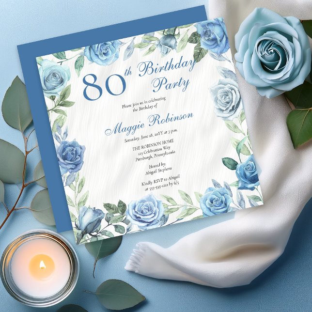 Invitation Elégant Rose Blue Floral Frame 80e fête d'annivers (Elegant Blue Roses Floral Frame 80th Birthday Party Invitation - Available in Print and/or Digital)