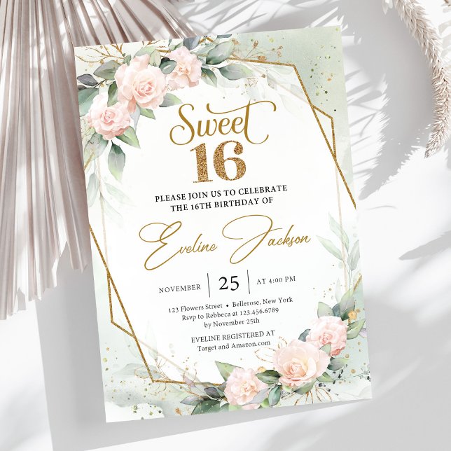 Invitation Élégant rose blush et parties scintillant d'or euc (Soft pastel pink roses greenery and gold frame sweet sixteen invitation template )