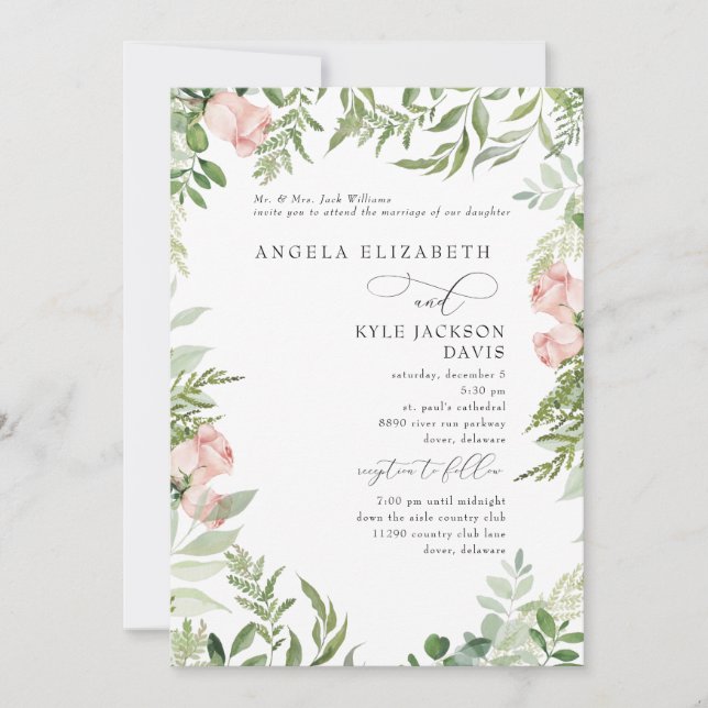 Invitation Elégant rose/Blush Floral Eucalyptus 2 Lieu (Devant)