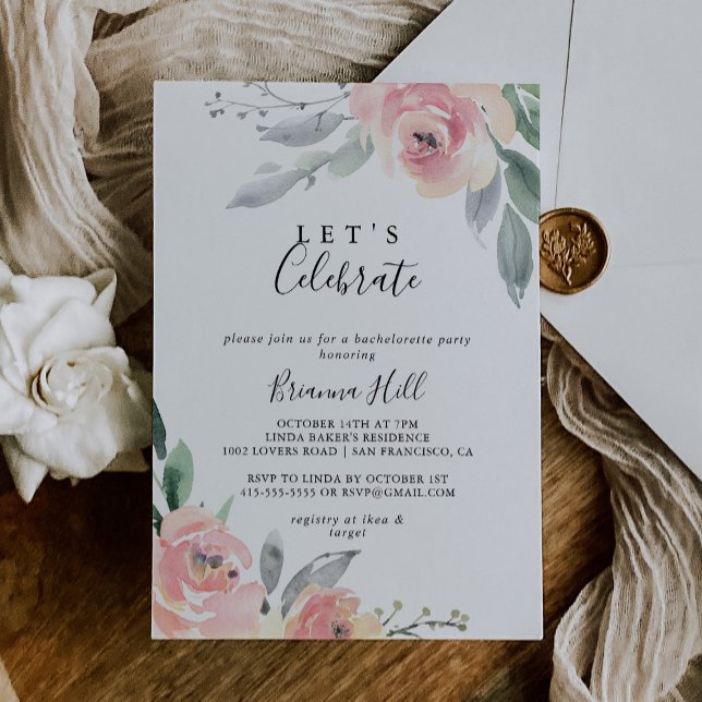 Invitation Élégant rose Blush Floral Fêtons la fête (Créateur téléchargé)