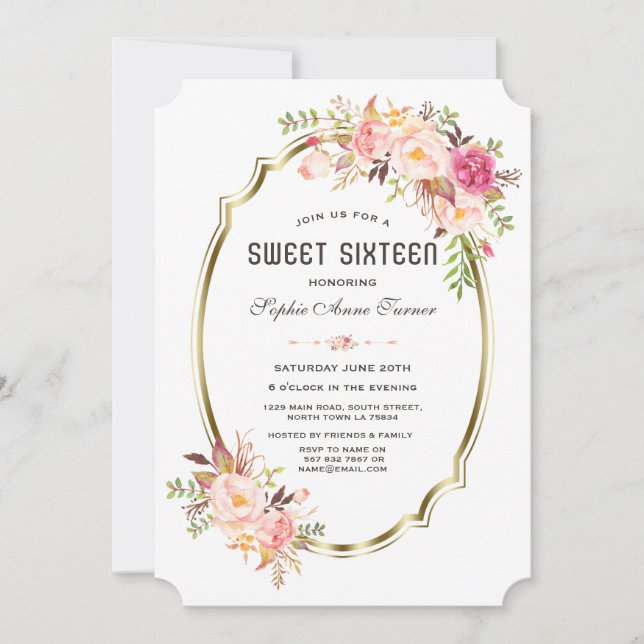 Invitation Elégant rose Blush Floral Gold Frame Sweet 16 (Devant)