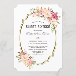 Invitation Elégant rose Blush Floral Gold Frame Sweet 16