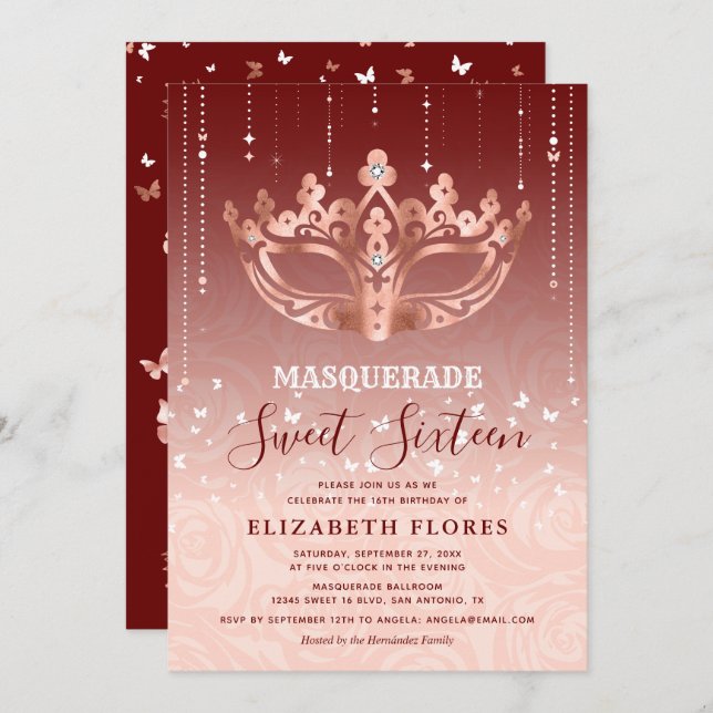 Invitation Elégant Rose Bourgogne Or Masquerade Sweet 16 (Devant / Derrière)