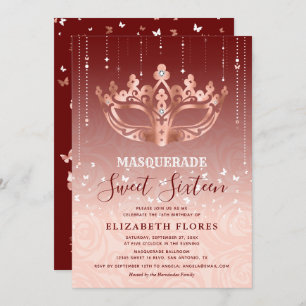 Invitation Elégant Rose Bourgogne Or Masquerade Sweet 16
