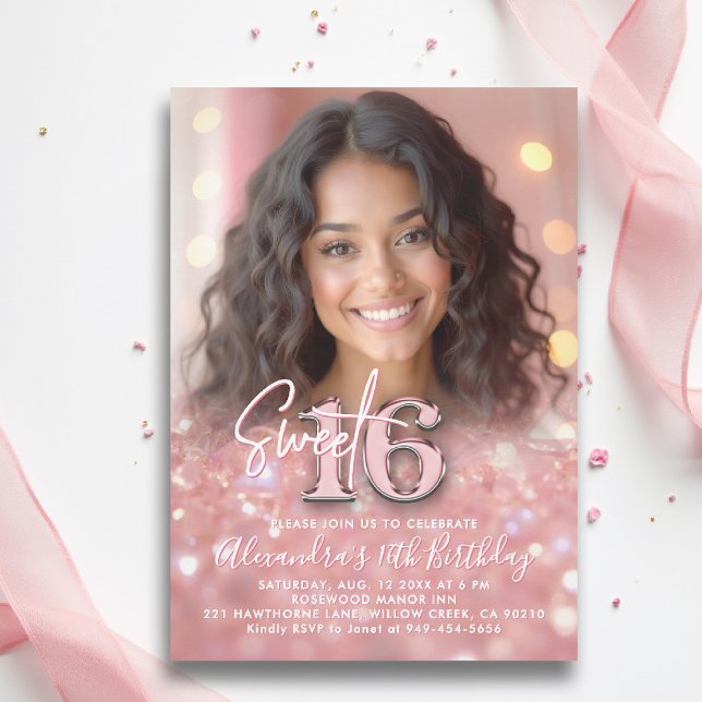 Invitation Élégant rose brillant Élégant Chic Photo Sweet 16 (sweet sixteen invitation 16th birthday sparkles glitter rose gold blush pink photo template elegant )