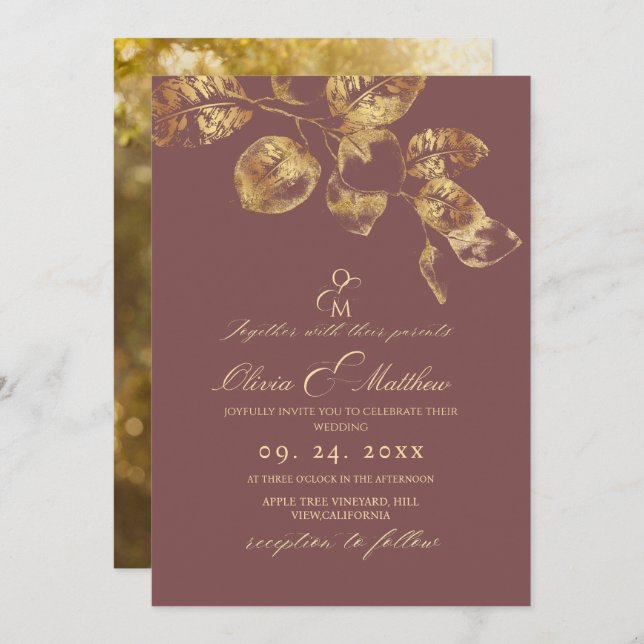 Invitation Élégant Rose Brown Pantone Gold Mariage (Devant / Derrière)