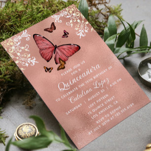 Invitation Élégant Rose Butterfly Or Floral Quinceañera
