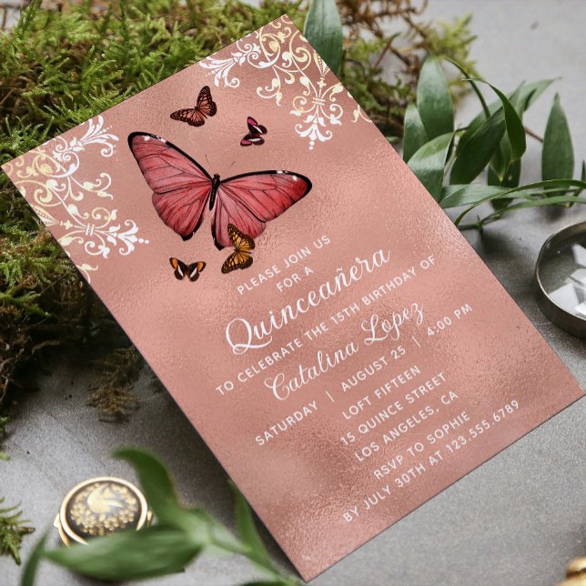 Invitation Élégant Rose Butterfly Or Floral Quinceañera (Créateur téléchargé)