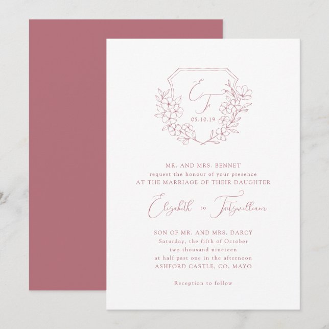 Invitation Élégant Rose Cerisier Blossom Monogramme Script Cr (Devant / Derrière)