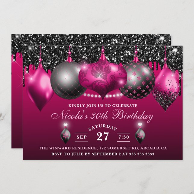 Invitation Élégant rose chaud et noir Parties scintillant Bau (Devant / Derrière)