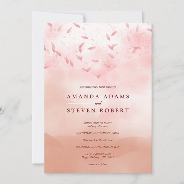 Invitation Élégant Rose chic Feuilles or Mariage Abstrait (Devant)