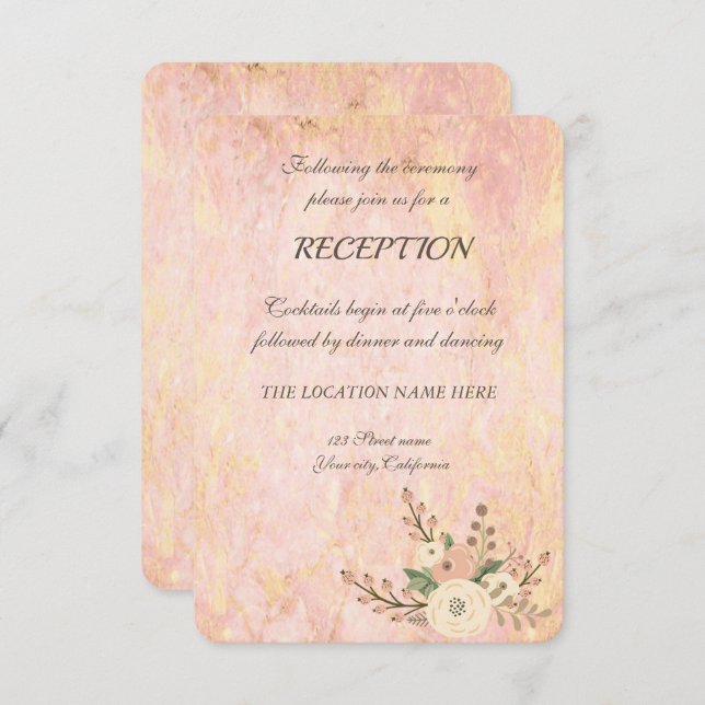 Invitation Elégant Rose Chic Marbre Floral Mariage Réception (Devant / Derrière)