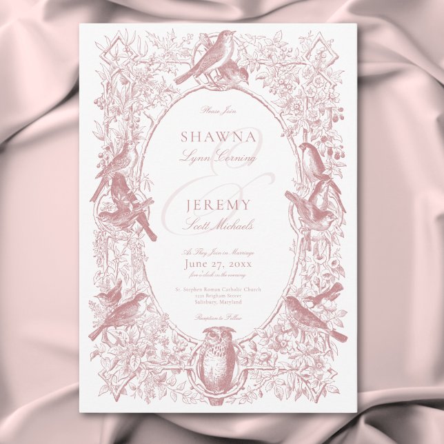 Invitation Elégant rose Chinoiserie Nature & Oiseaux Mariage (Elegant Pink Chinoiserie Nature & Birds Wedding Invitation)