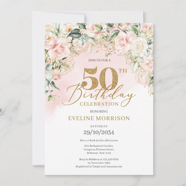 Invitation Elégant rose clair rose or vert 50e anniversaire (Devant)