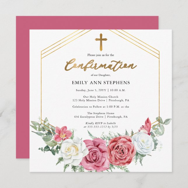 Invitation Élégant rose | Confirmation Gold Floral Frame Girl (Devant / Derrière)