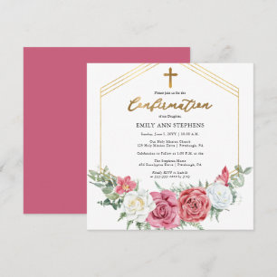 Invitation Élégant rose   Confirmation Gold Floral Frame Girl