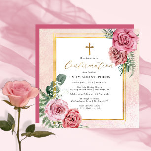 Invitation Élégant rose   Confirmation Gold Floral Frame Girl