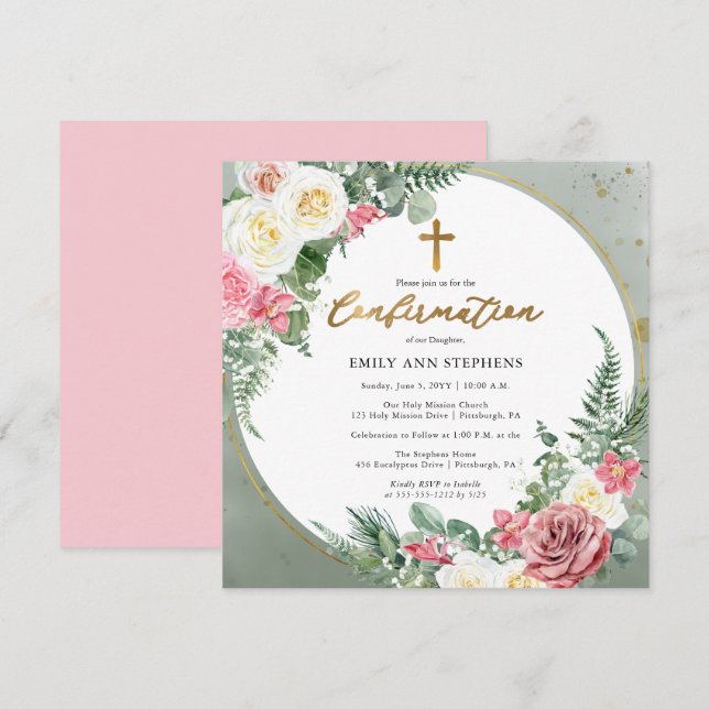 Invitation Élégant rose | Confirmation Gold Floral Frame Girl (Devant / Derrière)