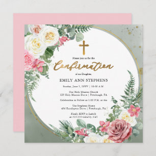Invitation Élégant rose   Confirmation Gold Floral Frame Girl