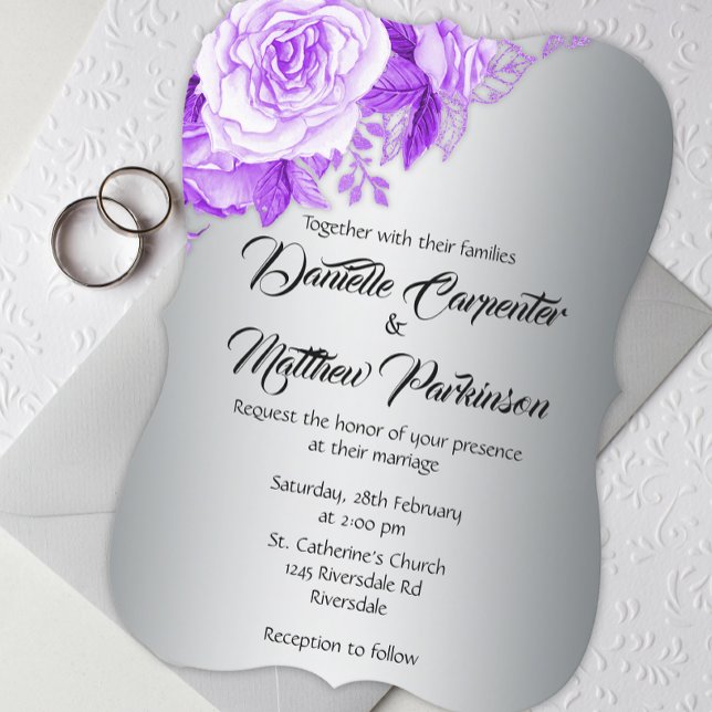 Invitation Élégant Rose courbé pourpre Mariage argent  (Créateur téléchargé)