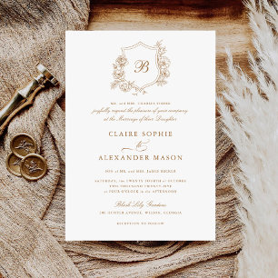 Invitation Élégant Rose Crest Mariage Monogram Gold