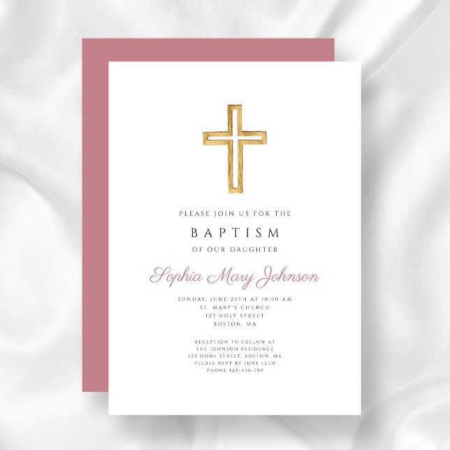 Invitation Élégant rose Croix Religieuse Fille Baptême (Religious Cross Dusty Rose Pink Girl Baptism Invitation)