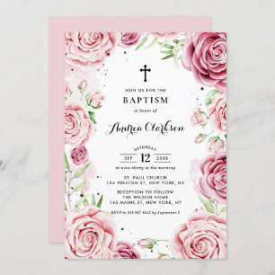 Invitation Elégant Rose d'aquarelle rose cadre Baptême