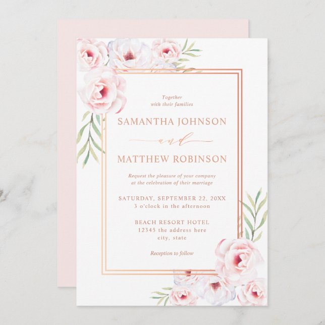 Invitation Elégant Rose d'aquarelle rose Floral Mariage or (Devant / Derrière)
