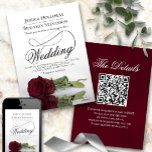 Invitation Élégant Rose de Bourgogne Fancy Script QR Code Mar<br><div class="desc">Cette belle faire-part de mariage est ornée d'une superbe photo d'un seul rose bordeaux à longue tige allongé sur son côté, se reflétant dans un bassin d'eau avec vagues et ondulations. Le design se compose d'un script de calligraphie sophistiqué avec une longue queue bouclée, ce qui le rend à la...</div>