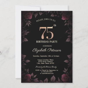 Invitation Elégant Rose de Bourgogne noire 75e anniversaire