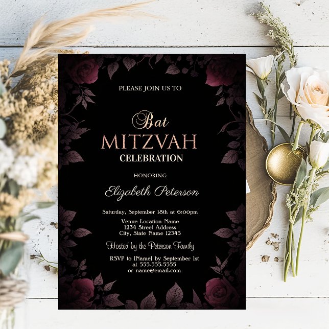 Invitation Élégant Rose de Bourgogne noire Bat mitzvah (Créateur téléchargé)