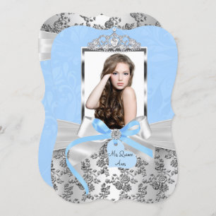 Invitation Elégant Rose de Bow Argent Bleu Photo Quinceanera 