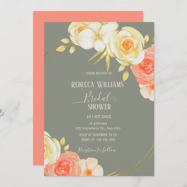 Invitation Elégant Rose de pêche Aquarelle & Sage Vert floral (Devant / Derrière)