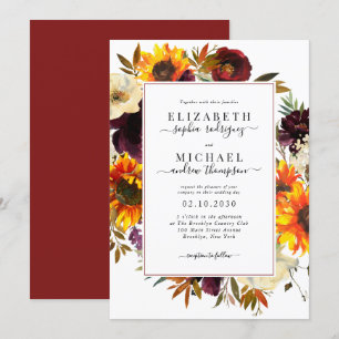 Invitation Élégant Rose de tournesol Bourgogne Mariage floral