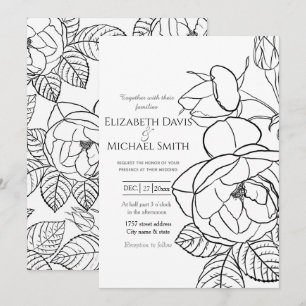 Invitation Elégant Rose dessiné à la main Floral Black White