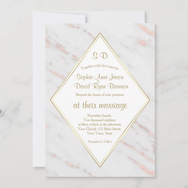 Invitation Elégant Rose Diamond or Marble Mariage (Devant)