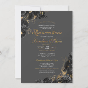 Invitation Elégant Rose d'or gris-noir Floral Quinceanera