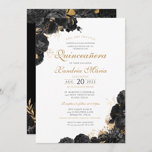 Invitation Élégant Rose d'or noir Floral Quinceanera (Devant / Derrière)
