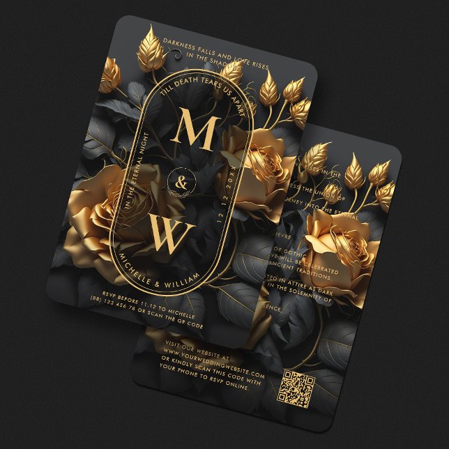 Invitation Élégant Rose d'or noir gothique Boho Lux Mariage (Elegant Gothic Floral Black Gold Boho Lux Wedding Invitation
)