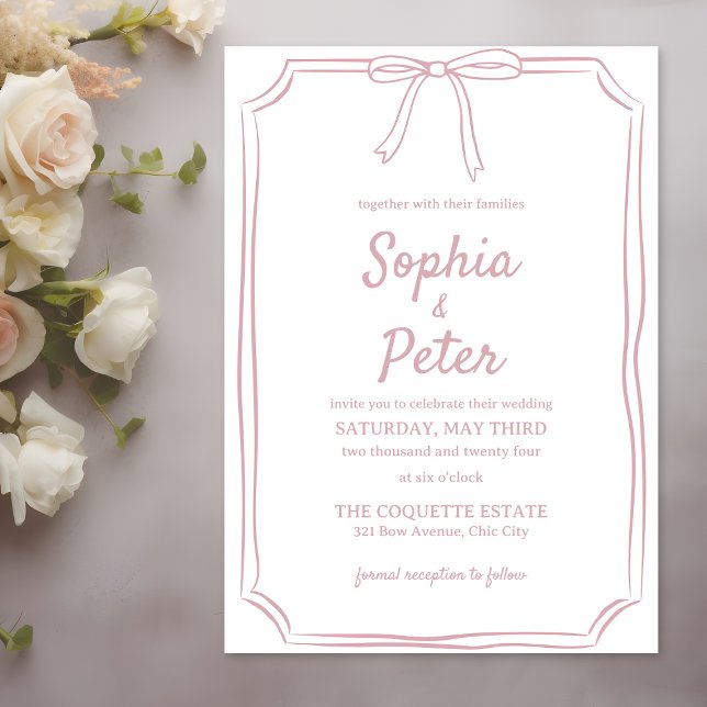 Invitation Élégant Rose Dusty à la main tirée Bow intemporel  (Graceful and timeless, this dusty rose wedding invitation brings a touch of elegance to your wedding)