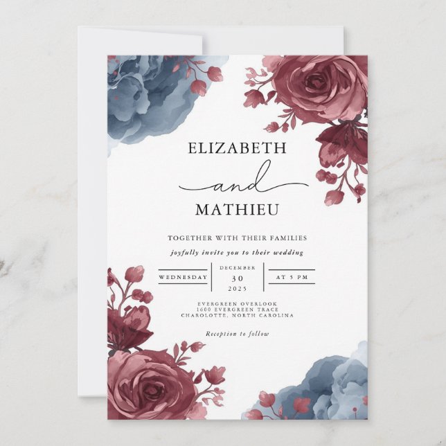 Invitation Elégant Rose Dusty Blue Floral Mariage (Devant)