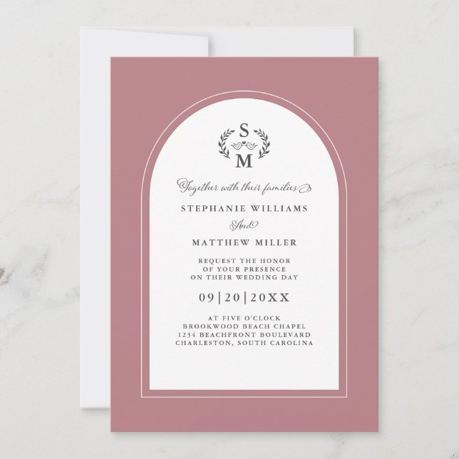 Invitation Élégant Rose Dusty Calligraphie Crest Arch Mariage (Devant)