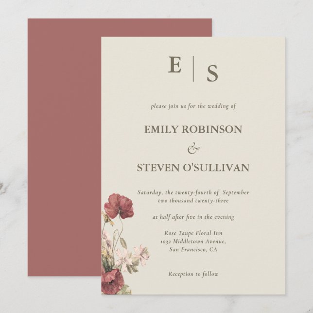 Invitation Élégant Rose Dusty Floral Monogramme (Devant / Derrière)