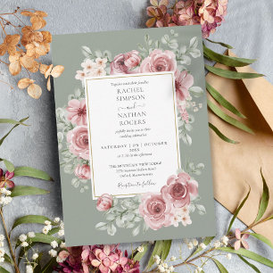 Invitation Elégant Rose Dusty Floral Sage Green Mariage