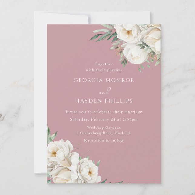 Invitation Elégant Rose Dusty & Mariage Floral Blanc (Devant)